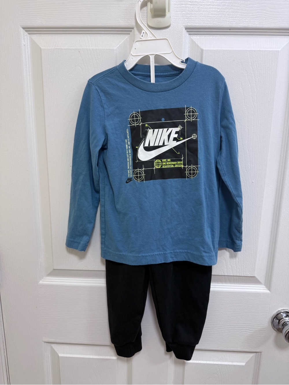 Nike Blue Long-Sleeve Graphic Tee with Black Joggers, Size 4T